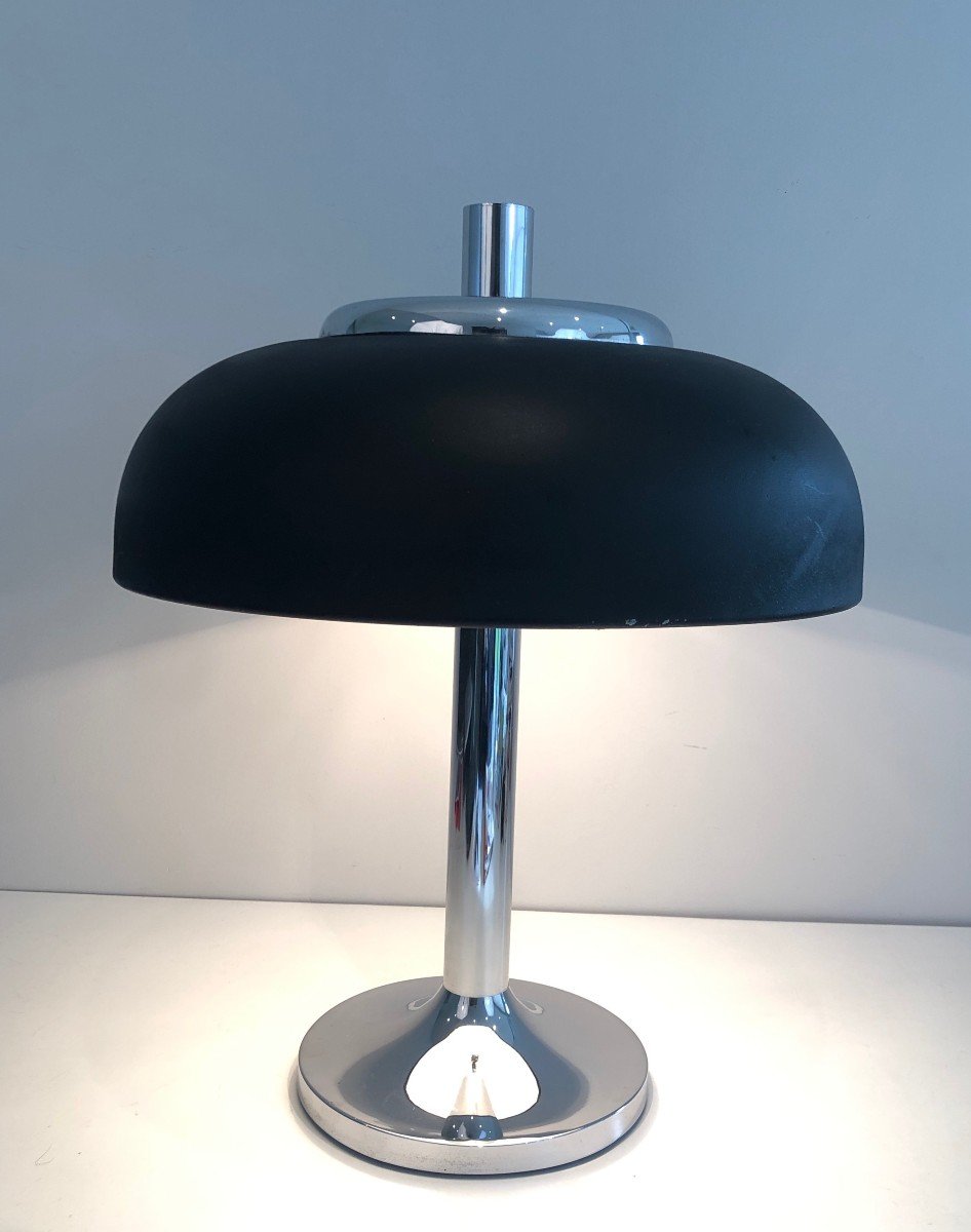 Large Chrome And Black Lacquered Design Table Lamp. French Work. Circa 1950-photo-2