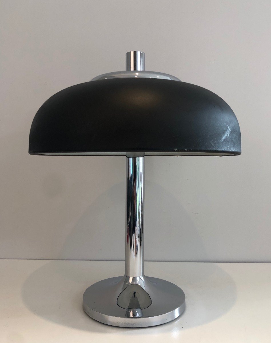 Large Chrome And Black Lacquered Design Table Lamp. French Work. Circa 1950-photo-4