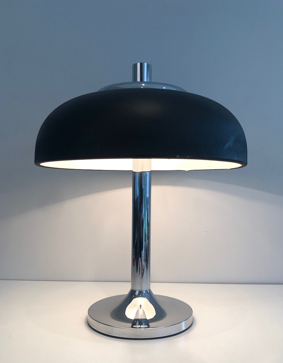 Large Chrome And Black Lacquered Design Table Lamp. French Work. Circa 1950