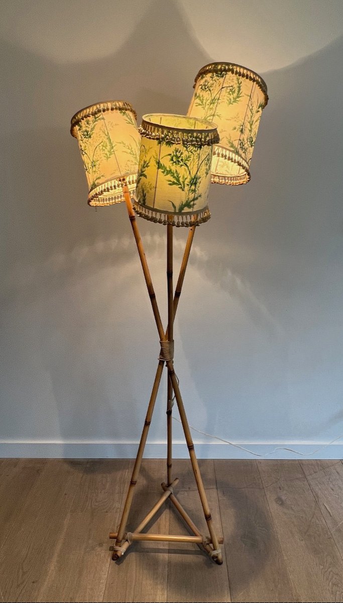 Bamboo And Rope 3 Lights Floor Lamp. French Work In The Style Of Audoux Minet. Circa 1970-photo-2