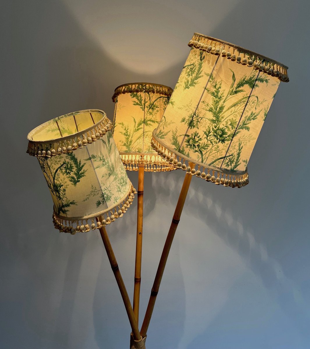 Bamboo And Rope 3 Lights Floor Lamp. French Work In The Style Of Audoux Minet. Circa 1970-photo-3