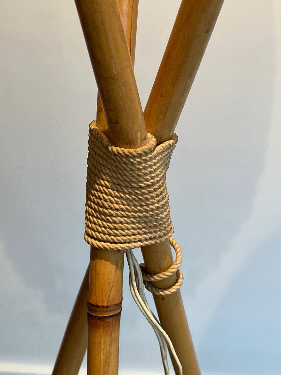 Bamboo And Rope 3 Lights Floor Lamp. French Work In The Style Of Audoux Minet. Circa 1970-photo-1