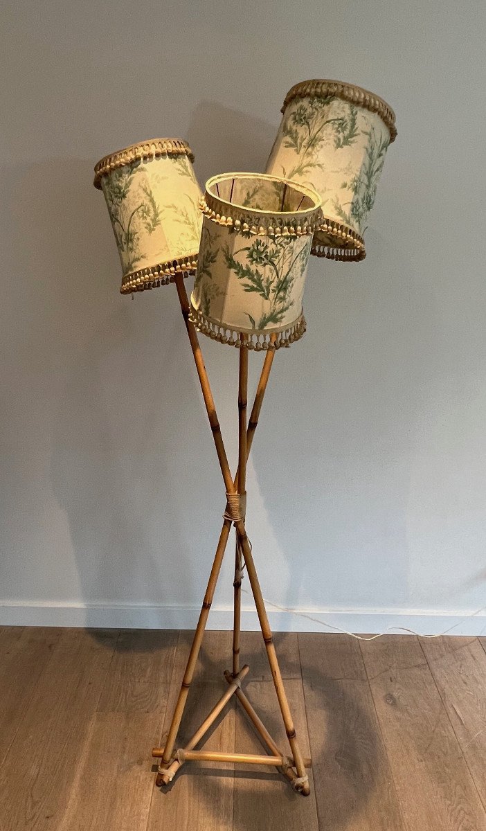 Bamboo And Rope 3 Lights Floor Lamp. French Work In The Style Of Audoux Minet. Circa 1970-photo-7