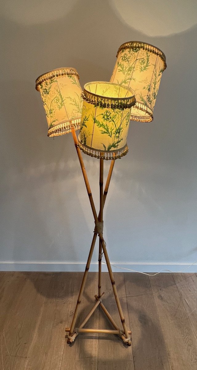 Bamboo And Rope 3 Lights Floor Lamp. French Work In The Style Of Audoux Minet. Circa 1970-photo-8