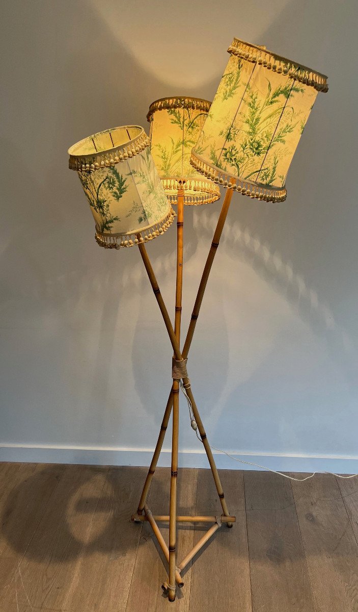 Bamboo And Rope 3 Lights Floor Lamp. French Work In The Style Of Audoux Minet. Circa 1970