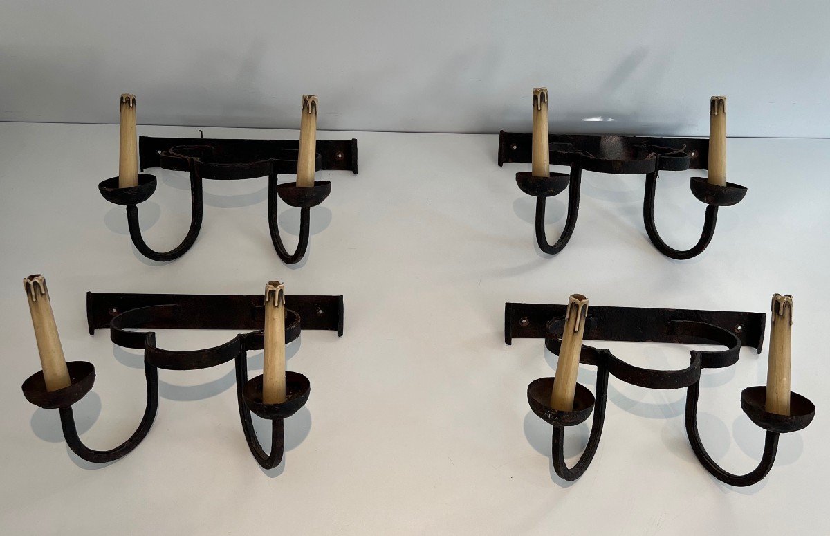 Set Of 4 Clover Wrought Iron Wall Lights. French Work. Circa 1950-photo-3