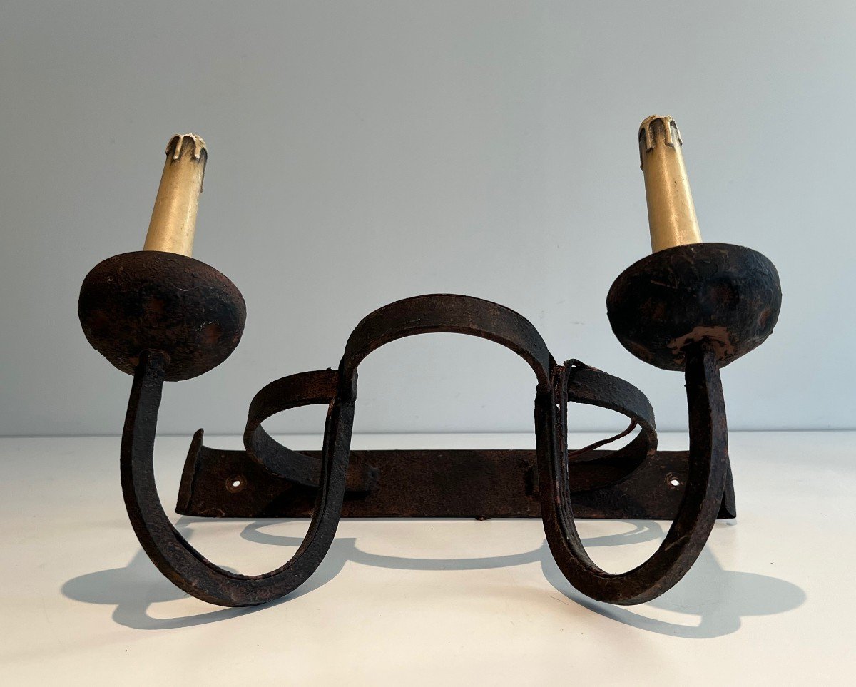 Set Of 4 Clover Wrought Iron Wall Lights. French Work. Circa 1950-photo-3