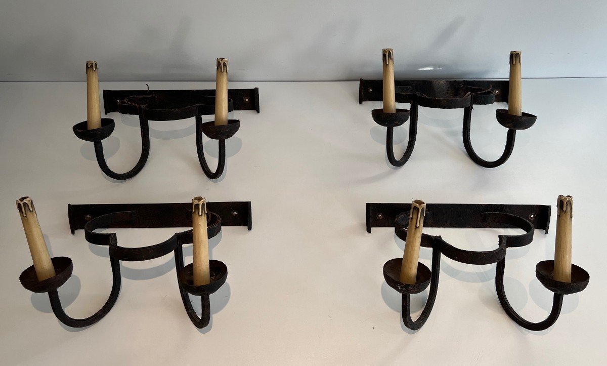 Set Of 4 Clover Wrought Iron Wall Lights. French Work. Circa 1950-photo-8