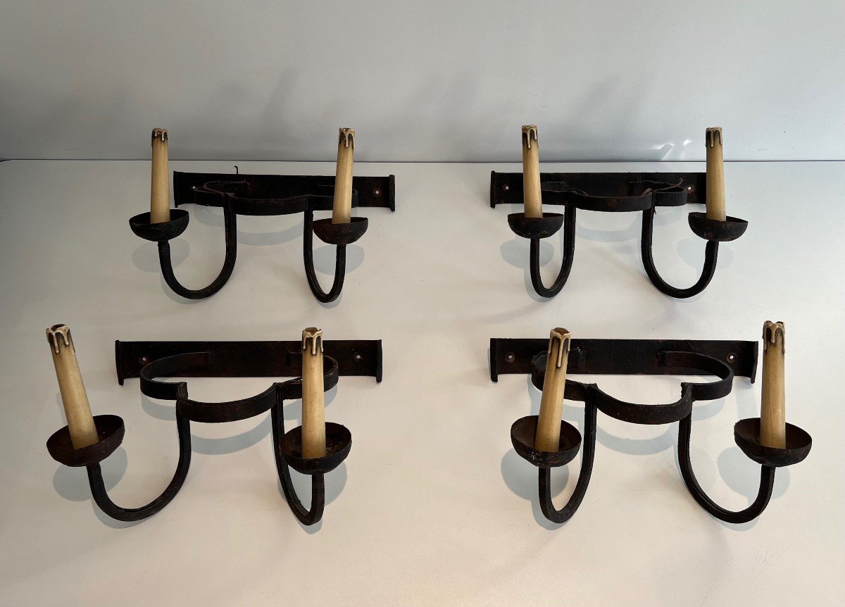 Set Of 4 Clover Wrought Iron Wall Lights. French Work. Circa 1950