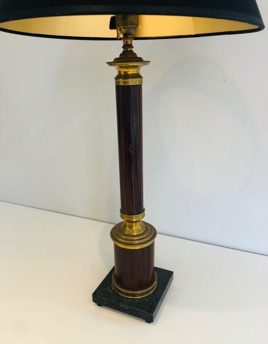 Pair Of Neoclassical Style Faux-bois Metal And Brass Table Lamps. French Work. Circa 1940-photo-2