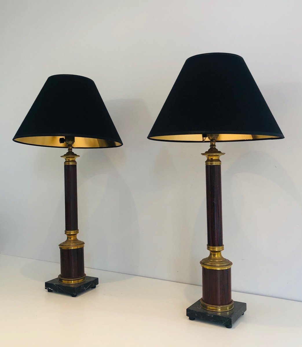 Pair Of Neoclassical Style Faux-bois Metal And Brass Table Lamps. French Work. Circa 1940-photo-4