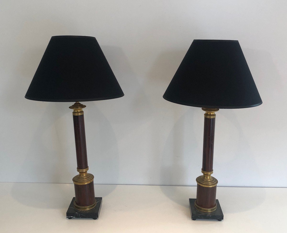 Pair Of Neoclassical Style Faux-bois Metal And Brass Table Lamps. French Work. Circa 1940