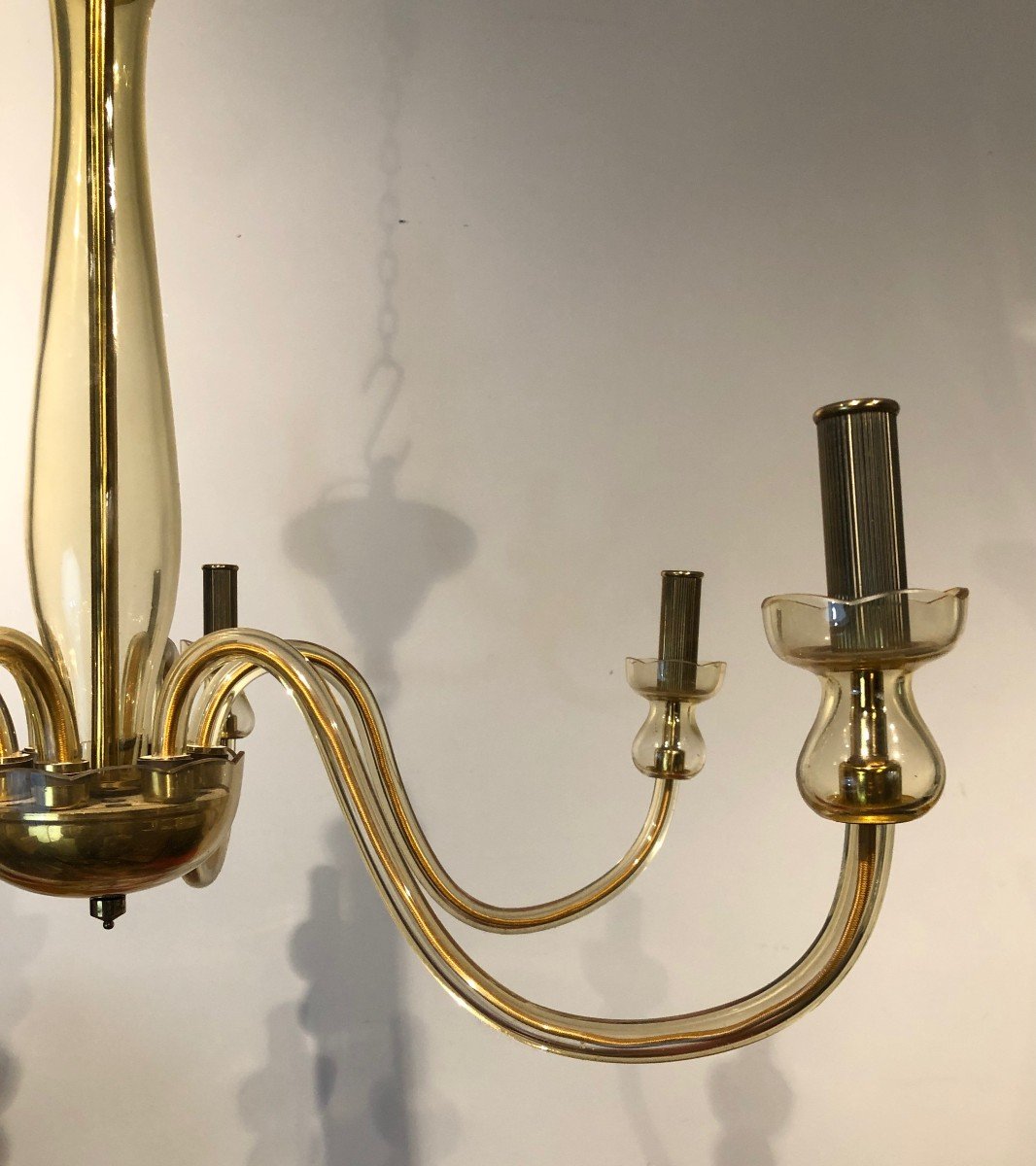 Pair Of Champagne Colored Murano Crystal Chandeliers. Italian Work. Around 1970-photo-5
