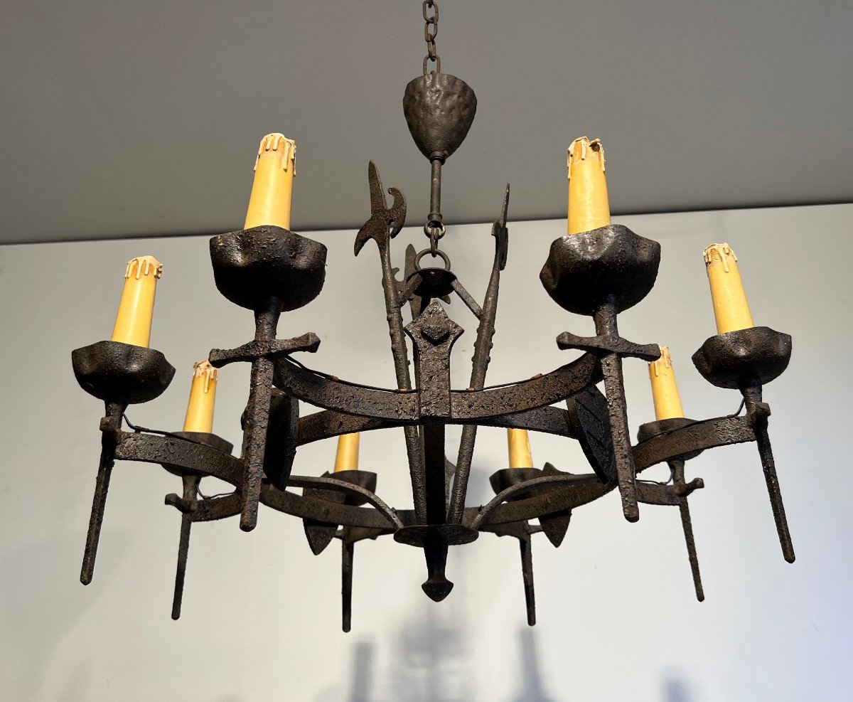 Gothic Style Wrought Iron Chandelier With 8 Arms Of Light. This Chandelier Is Part Of A Rare Set-photo-2