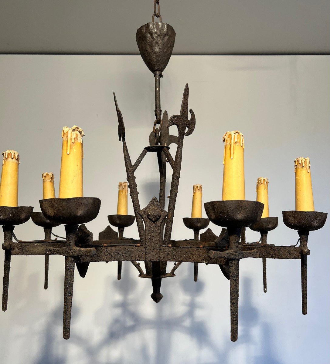 Gothic Style Wrought Iron Chandelier With 8 Arms Of Light. This Chandelier Is Part Of A Rare Set-photo-3