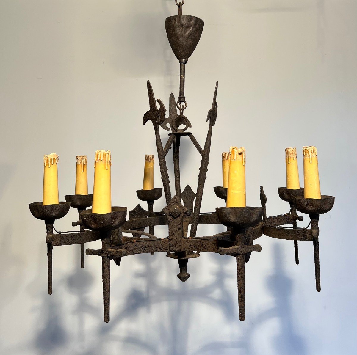 Gothic Style Wrought Iron Chandelier With 8 Arms Of Light. This Chandelier Is Part Of A Rare Set-photo-4