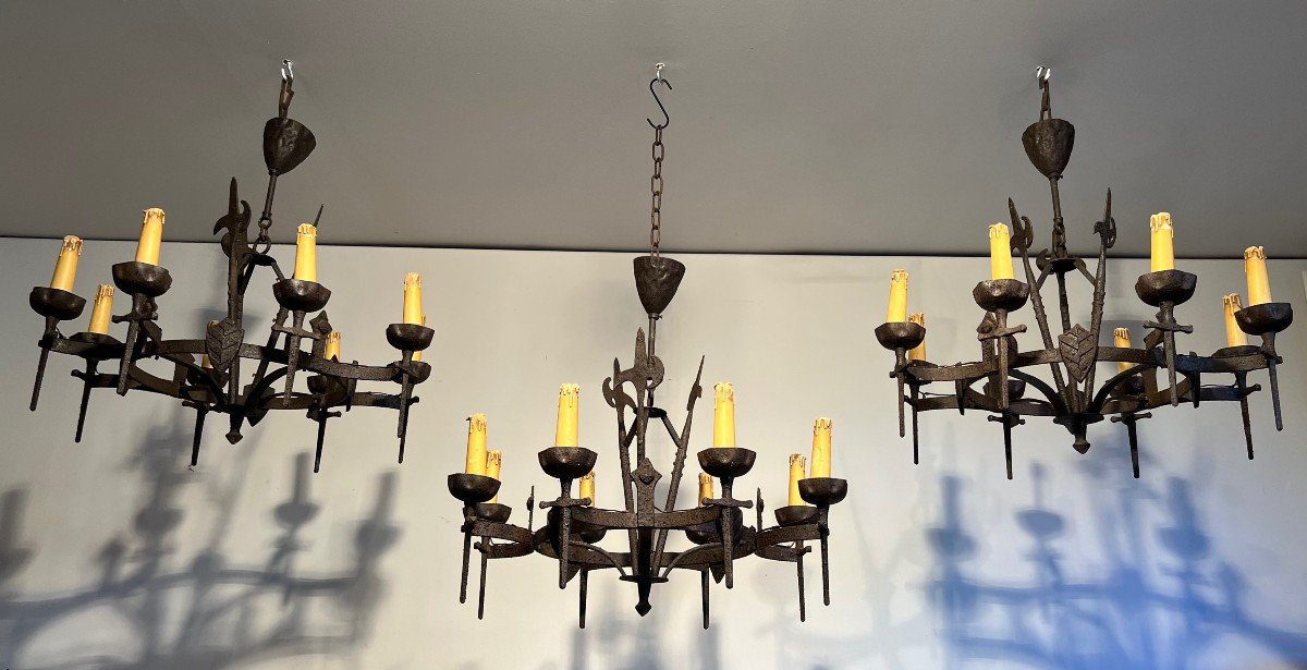 Gothic Style Wrought Iron Chandelier With 8 Arms Of Light. This Chandelier Is Part Of A Rare Set-photo-1