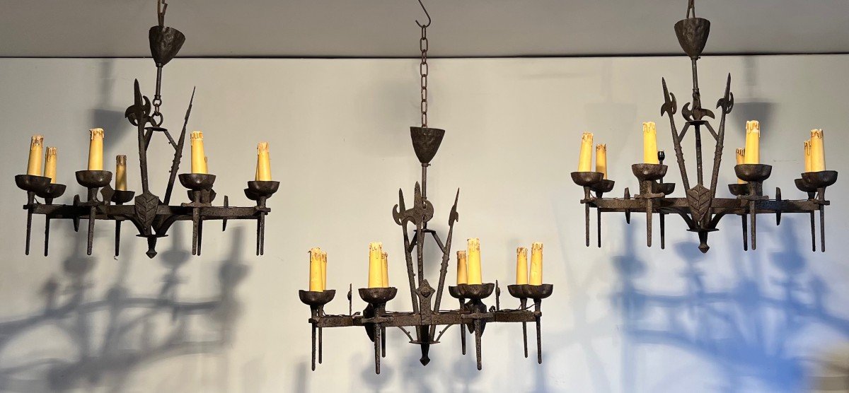 Gothic Style Wrought Iron Chandelier With 8 Arms Of Light. This Chandelier Is Part Of A Rare Set-photo-2