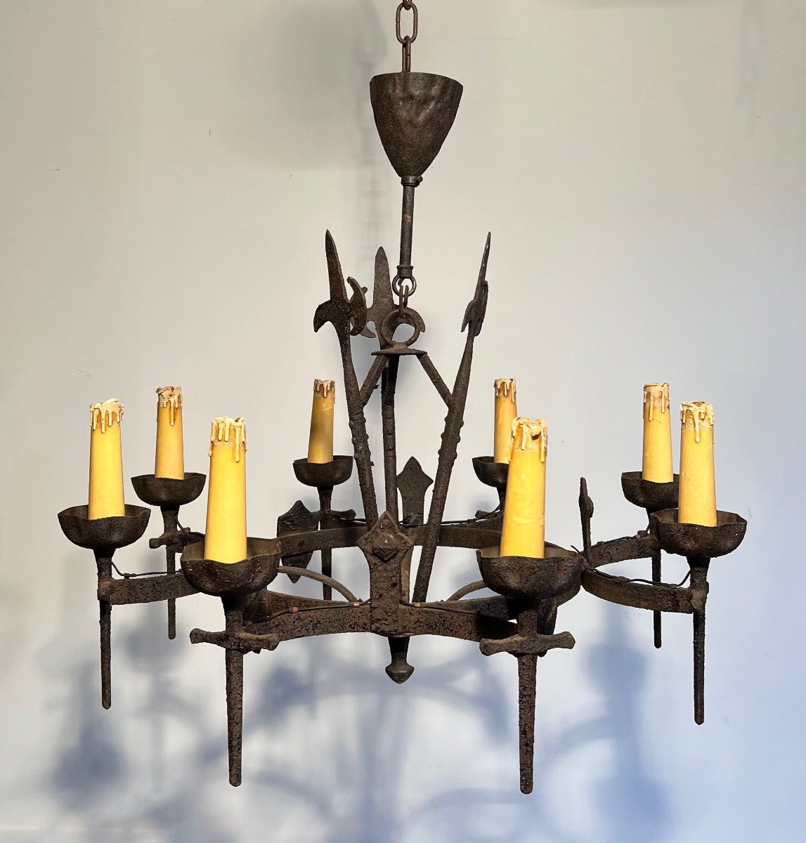 Gothic Style Wrought Iron Chandelier With 8 Arms Of Light. This Chandelier Is Part Of A Rare Set-photo-3