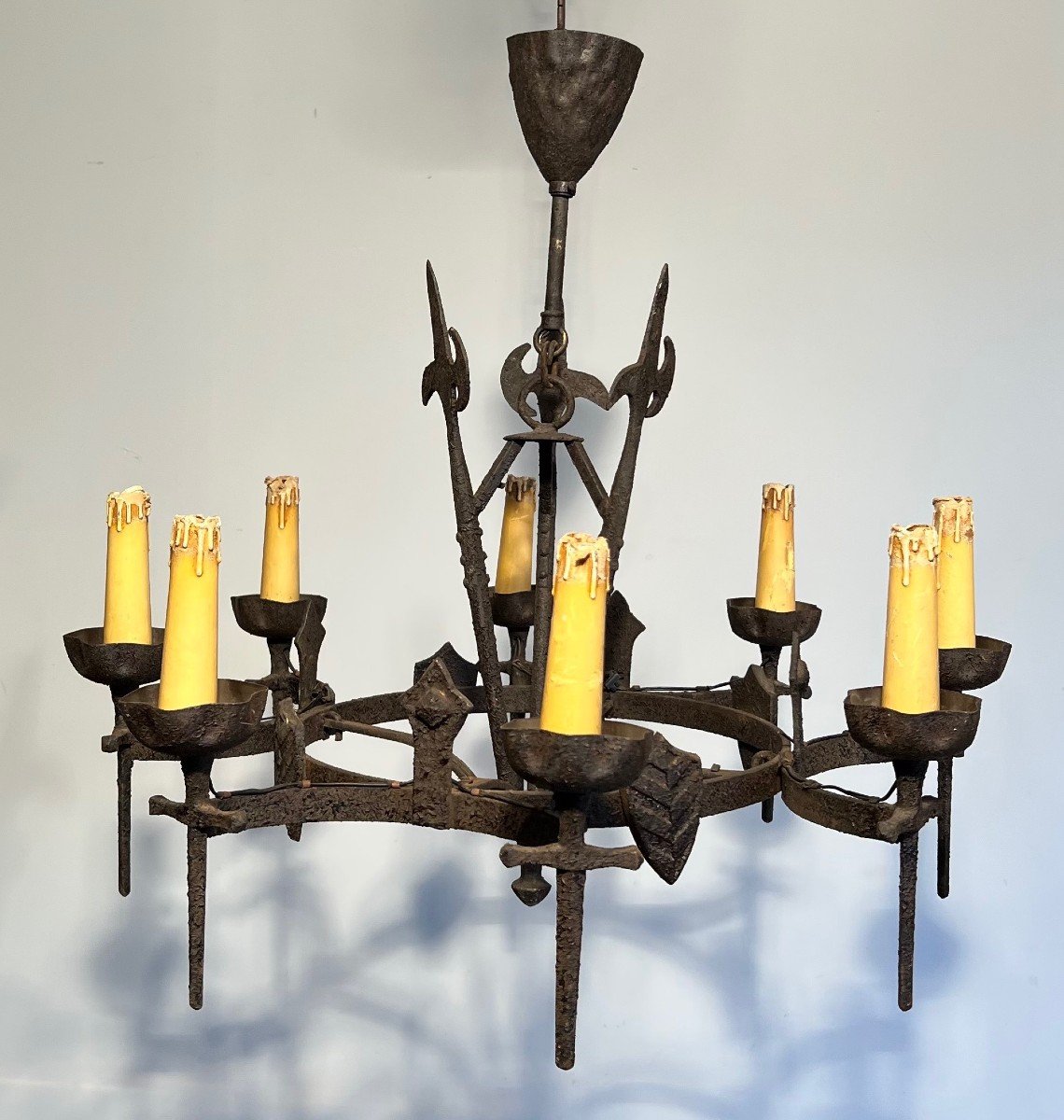 Gothic Style Wrought Iron Chandelier With 8 Arms Of Light. This Chandelier Is Part Of A Rare Set-photo-6
