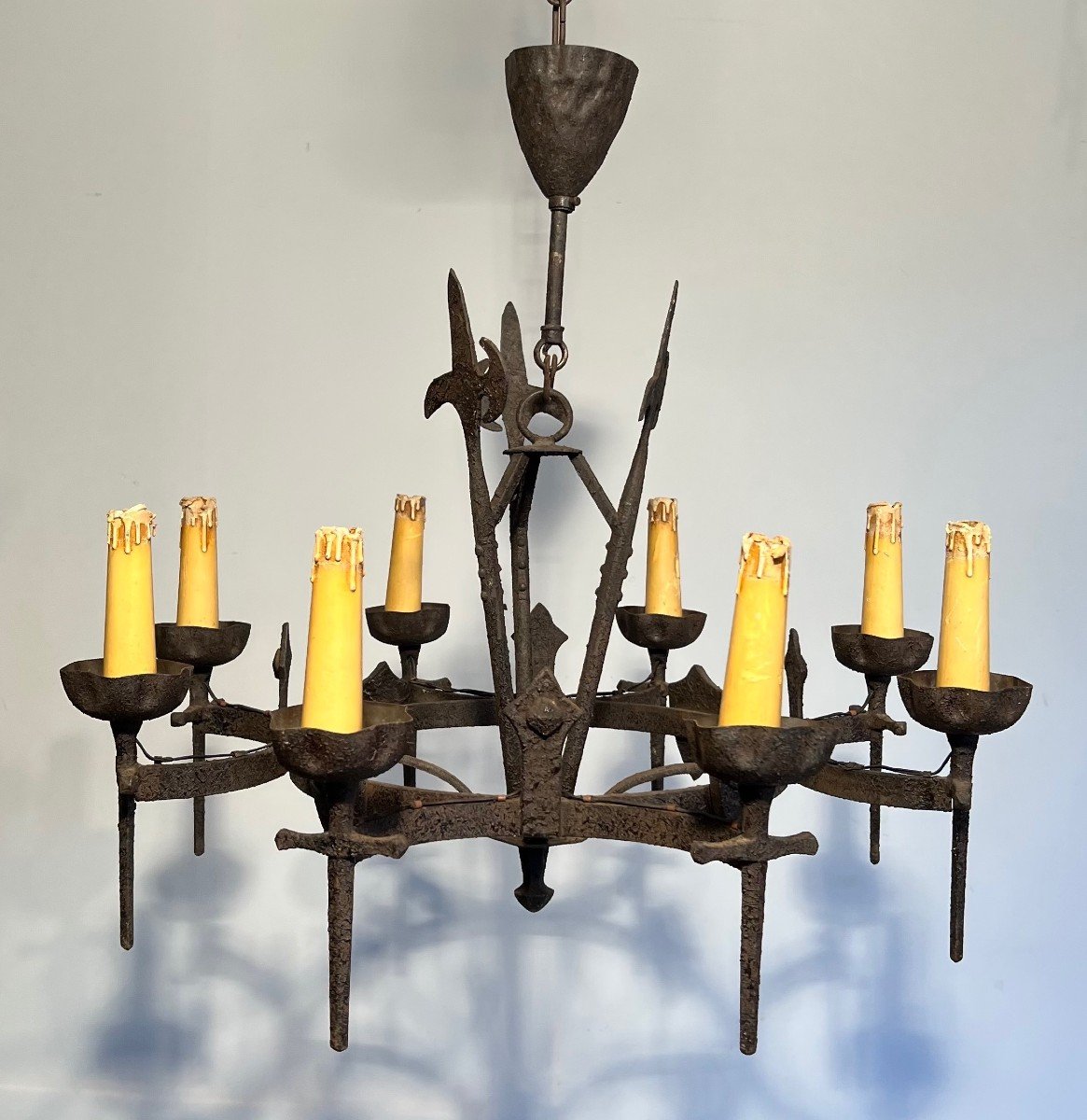 Gothic Style Wrought Iron Chandelier With 8 Arms Of Light. This Chandelier Is Part Of A Rare Set-photo-7
