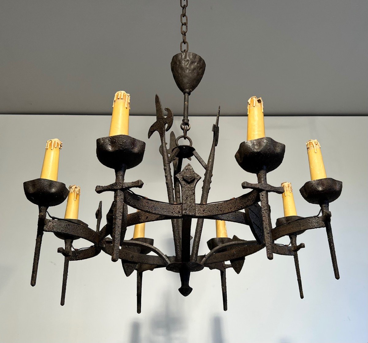 Gothic Style Wrought Iron Chandelier With 8 Arms Of Light. This Chandelier Is Part Of A Rare Set