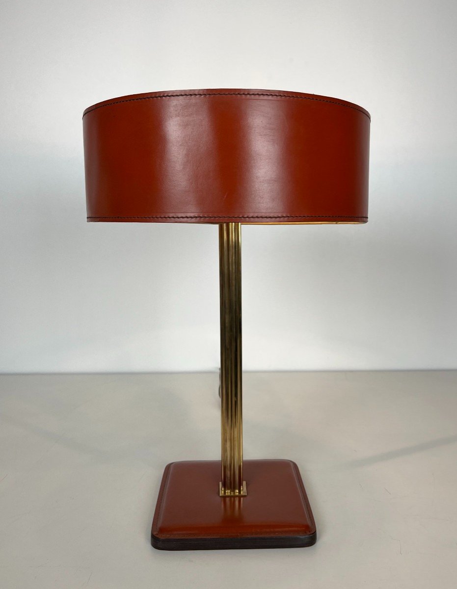 Red Leather And Brass Desk Lamp. French Work In The Style Of Jacques Adnet. Circa 1970-photo-3