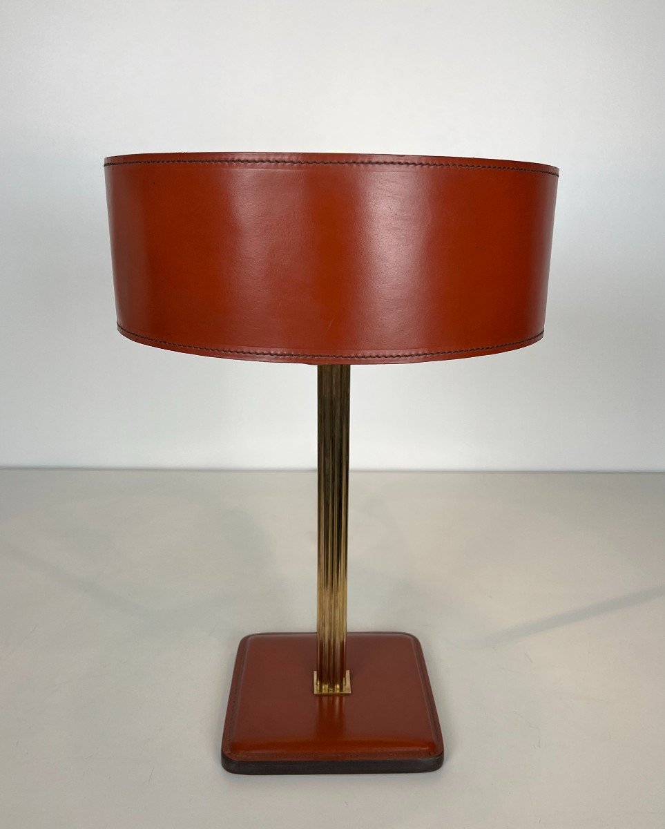 Red Leather And Brass Desk Lamp. French Work In The Style Of Jacques Adnet. Circa 1970-photo-4
