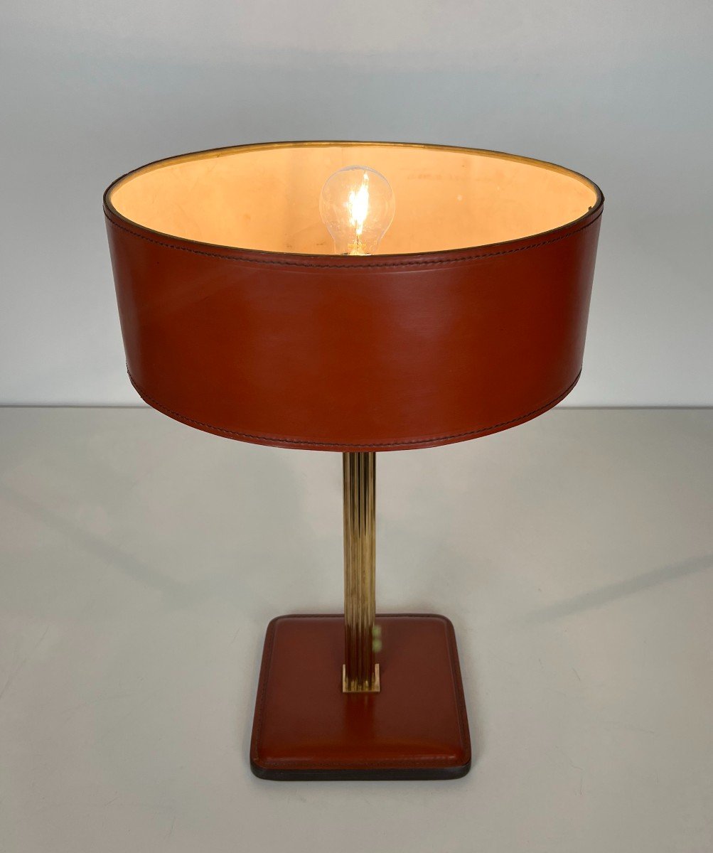 Red Leather And Brass Desk Lamp. French Work In The Style Of Jacques Adnet. Circa 1970-photo-1