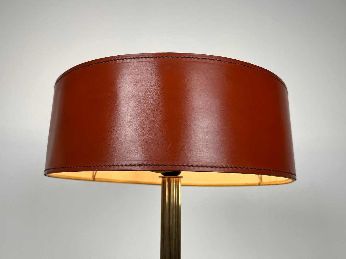 Red Leather And Brass Desk Lamp. French Work In The Style Of Jacques Adnet. Circa 1970-photo-2