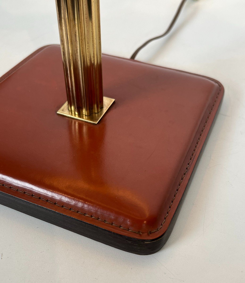 Red Leather And Brass Desk Lamp. French Work In The Style Of Jacques Adnet. Circa 1970-photo-7