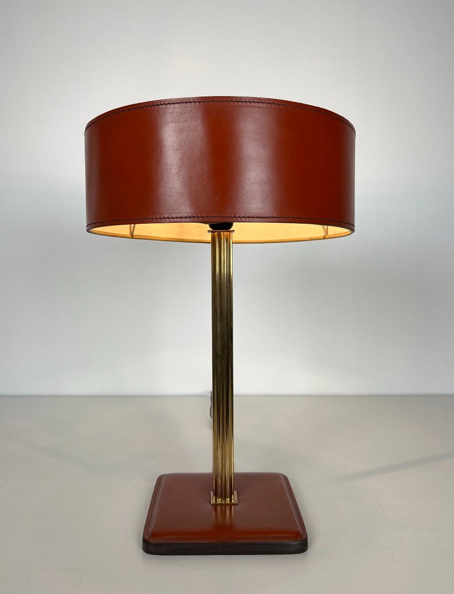 Red Leather And Brass Desk Lamp. French Work In The Style Of Jacques Adnet. Circa 1970-photo-8