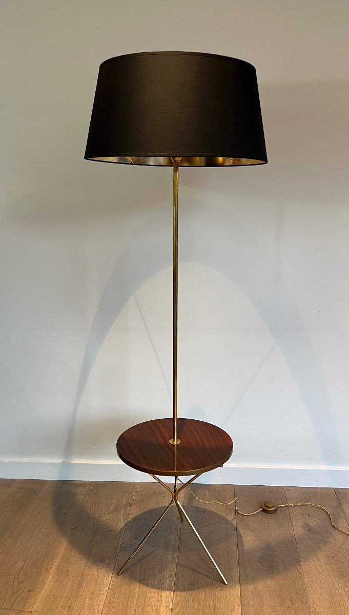 Lampadaire De Parquet De Style Néoclassique En Laiton Et Tablette Ronde En Acajou-photo-4