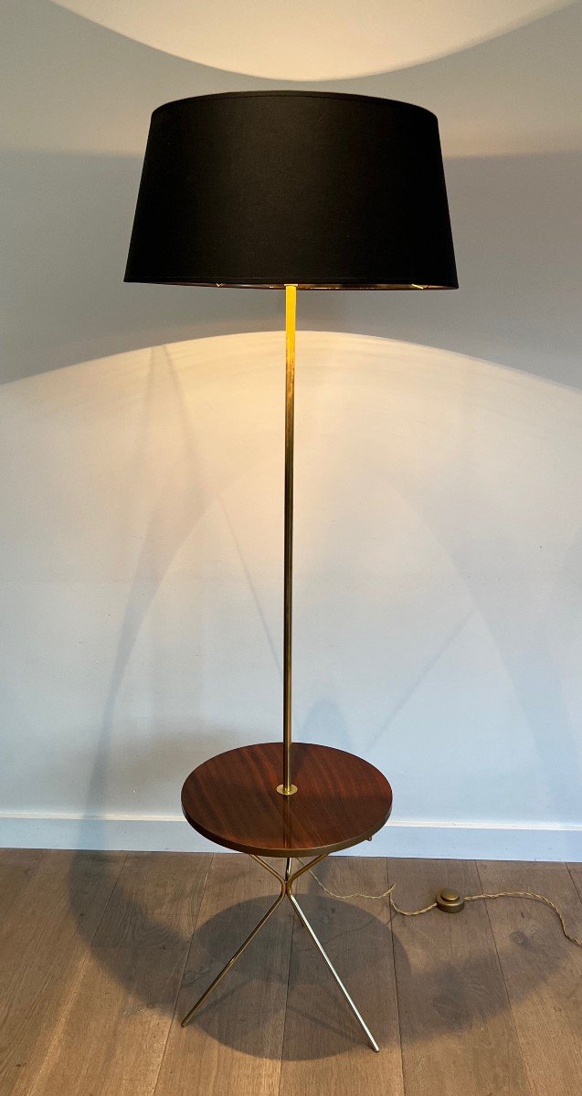 Neoclassical Style Brass Floor Lamp With A Mahogany Shelf In The Style Of Maison Jansen
