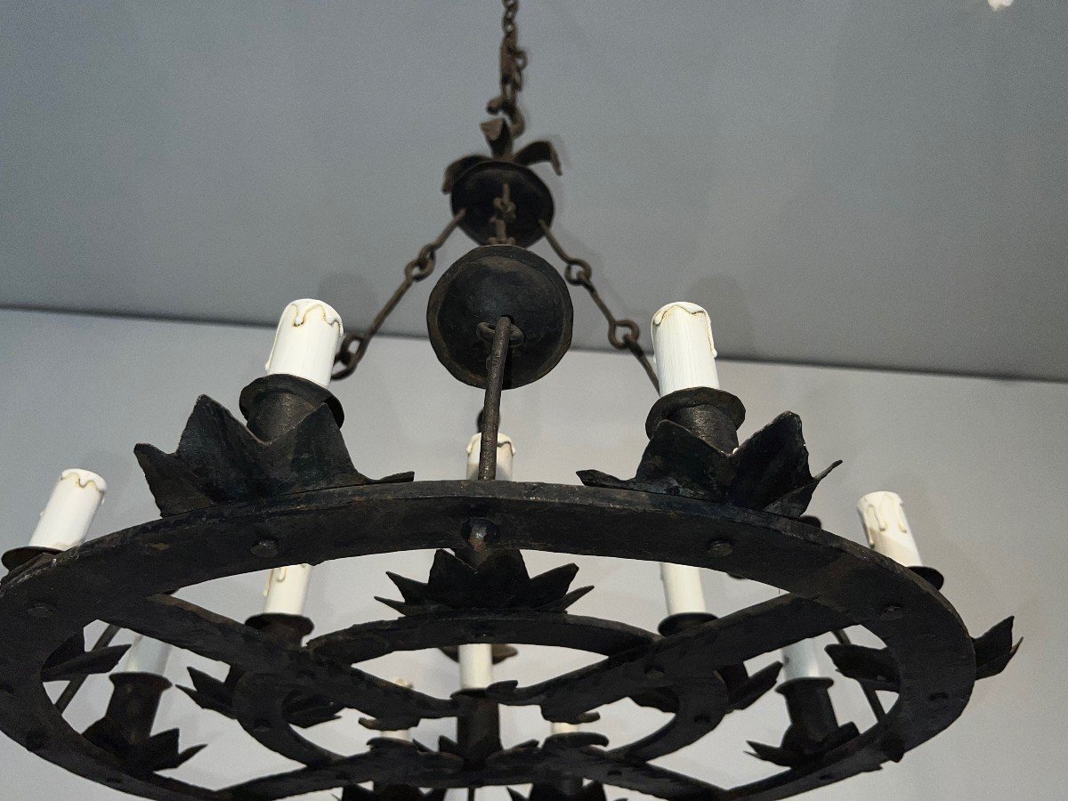 Wrought Iron Chandelier With 12 Lights. French Work In The Gothic Style. Circa 1950-photo-5