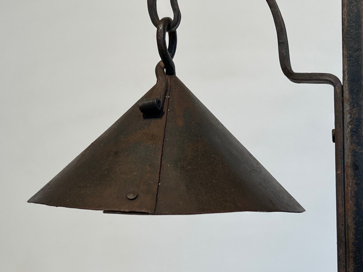 Wrought Iron Candlestick With Two Lights Topped With Riveted Conical Cups. French Work.-photo-3