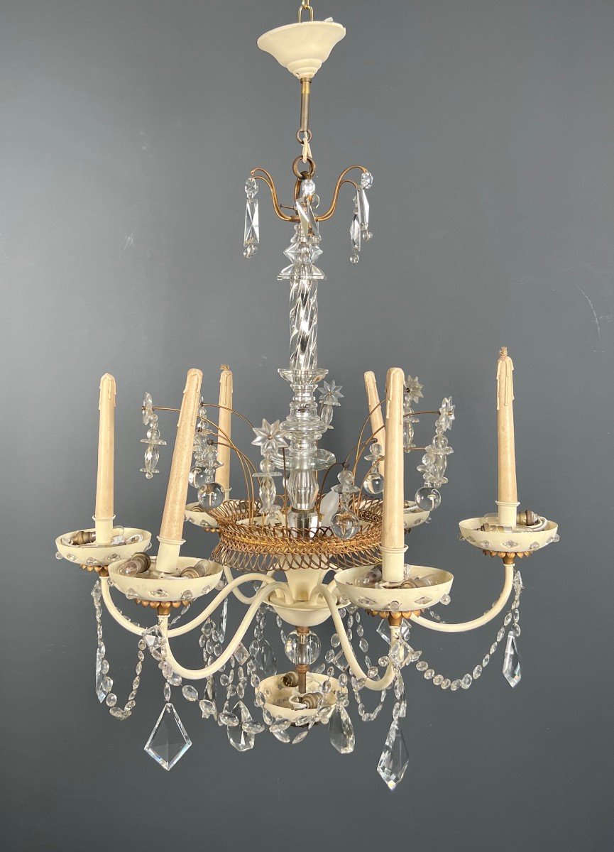 Lustre En Tôle Laquée Coquille d'Oeuf Et Métal Doré, Orné De Cristaux Taillés En Forme d'étoile-photo-2