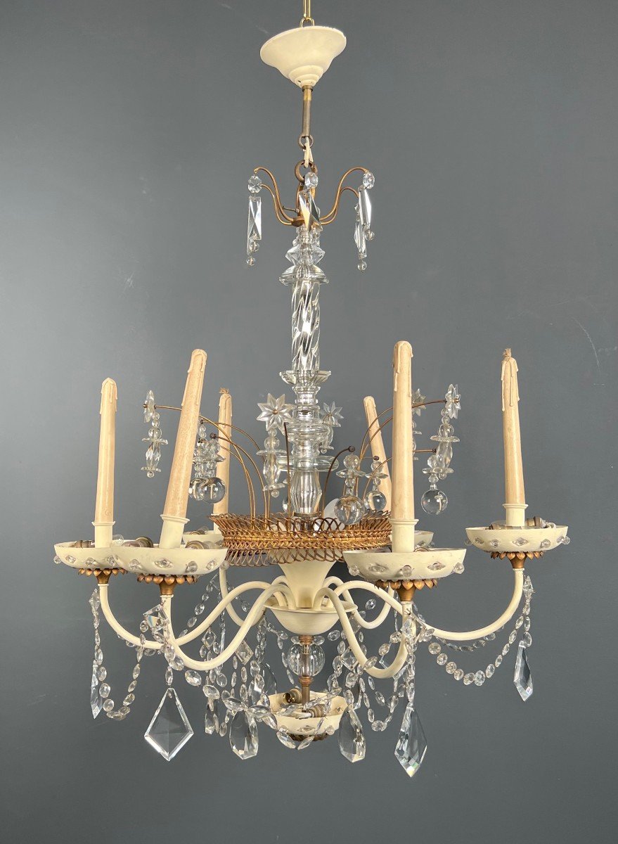 Lustre En Tôle Laquée Coquille d'Oeuf Et Métal Doré, Orné De Cristaux Taillés En Forme d'étoile-photo-3