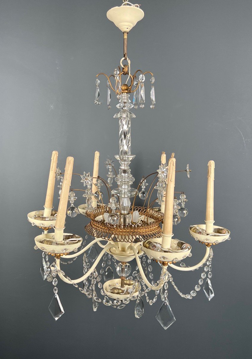 Lustre En Tôle Laquée Coquille d'Oeuf Et Métal Doré, Orné De Cristaux Taillés En Forme d'étoile-photo-8