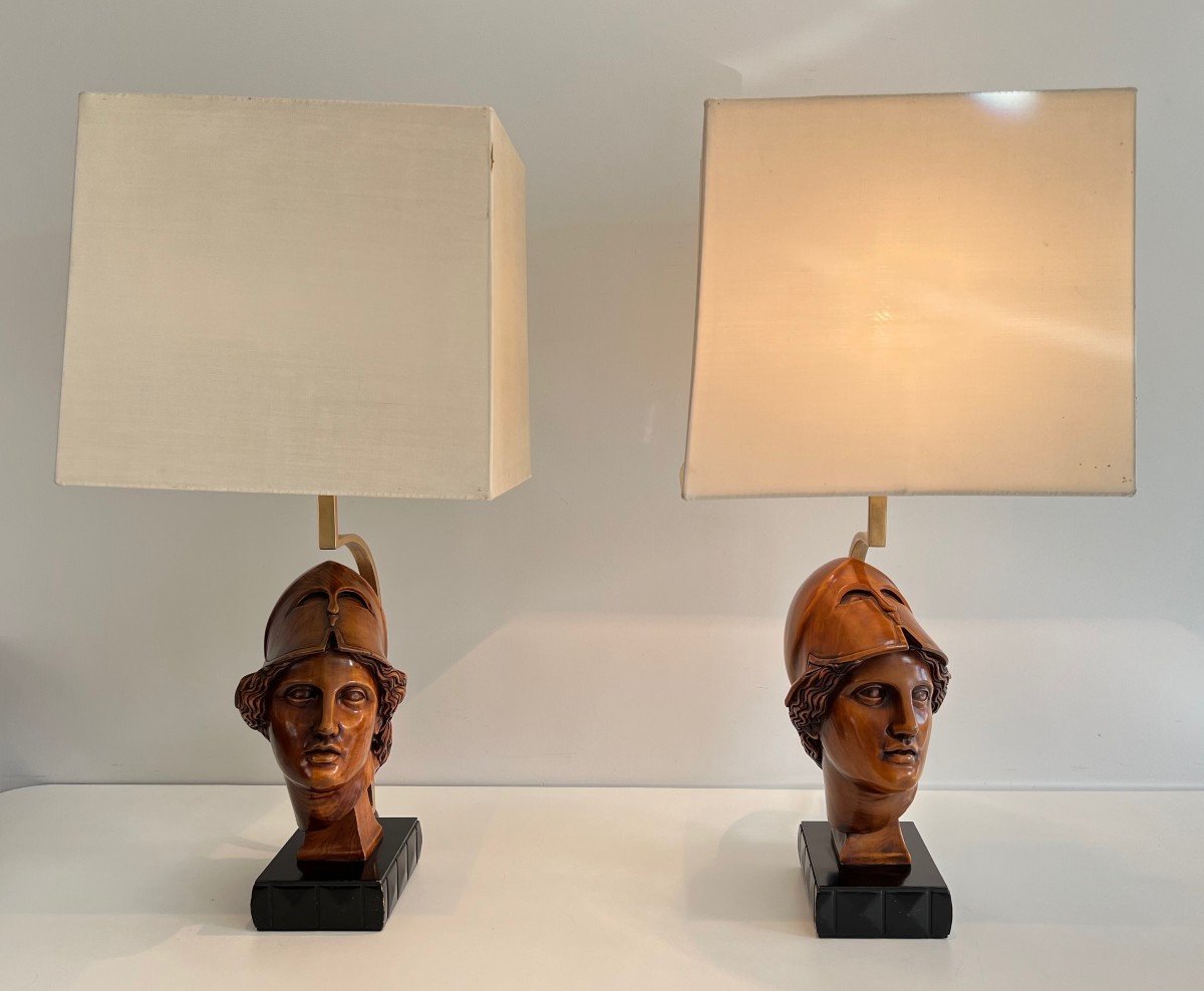 Pair Of Walnut Table Lamps Representing The Faces Of Helmeted Soldiers. Italian Work. -photo-2