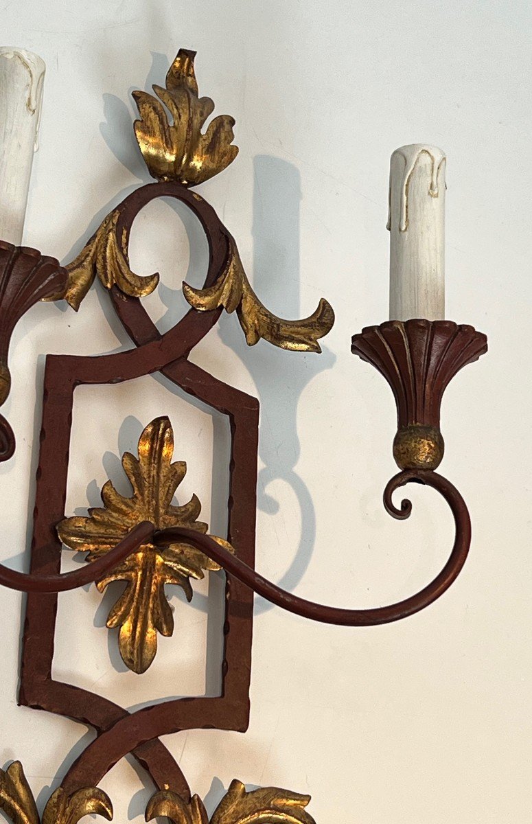 Pair Of Red Patinated Wrought Iron And Wood Wall Sconces With Gilded Acanthus Leaves.-photo-4