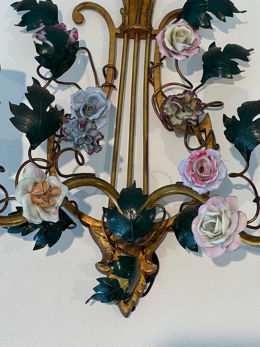 Paire d'Appliques En Bronze, Fer Patiné Et Fleurs De Porcelaine. Travail Français. Vers 1940-photo-6