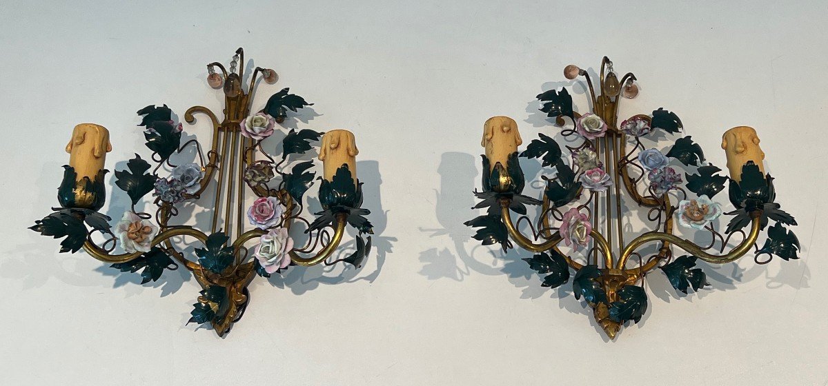 Paire d'Appliques En Bronze, Fer Patiné Et Fleurs De Porcelaine. Travail Français. Vers 1940-photo-8
