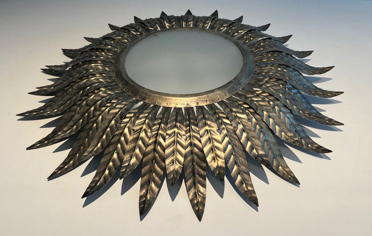 Silvered Metal Sunburst Fixture Or Wall Light. French Work. Circa 1970-photo-4
