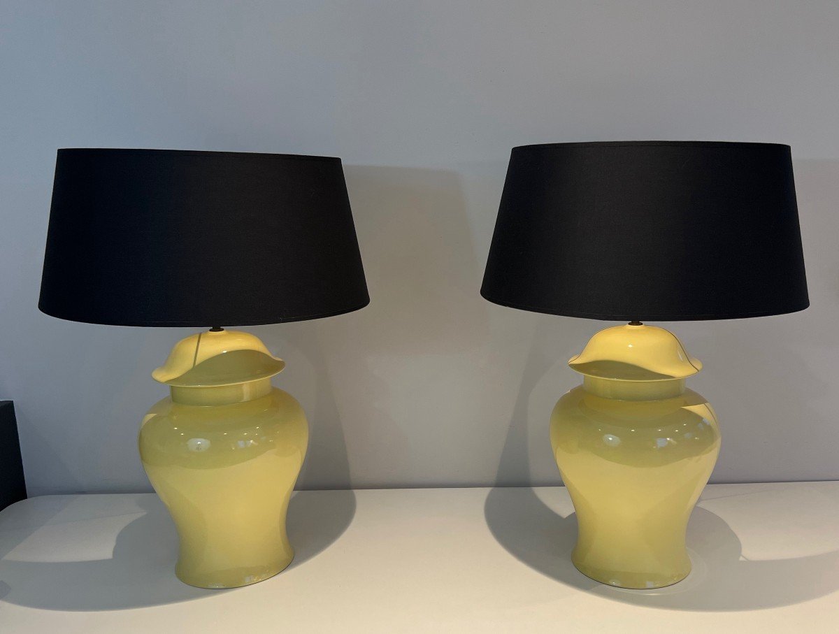 Pair Of Yellow Ceramic Table Lamps. French Work. Circa 1970-photo-3