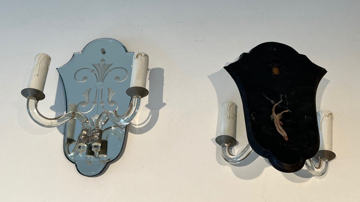 Paire d'Appliques En Cristal Gravé Et Métal Argenté. Travail Italien De Murano. Vers 1940-photo-1