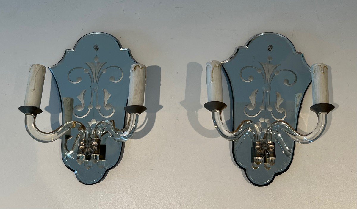 Paire d'Appliques En Cristal Gravé Et Métal Argenté. Travail Italien De Murano. Vers 1940-photo-8