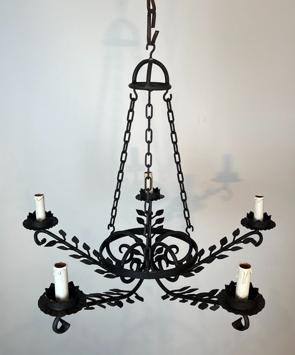 Lustre En Fer Forgé à 5 Bras De Lumières à Décors De Feuilles. Travail Français. Vers 1950-photo-8