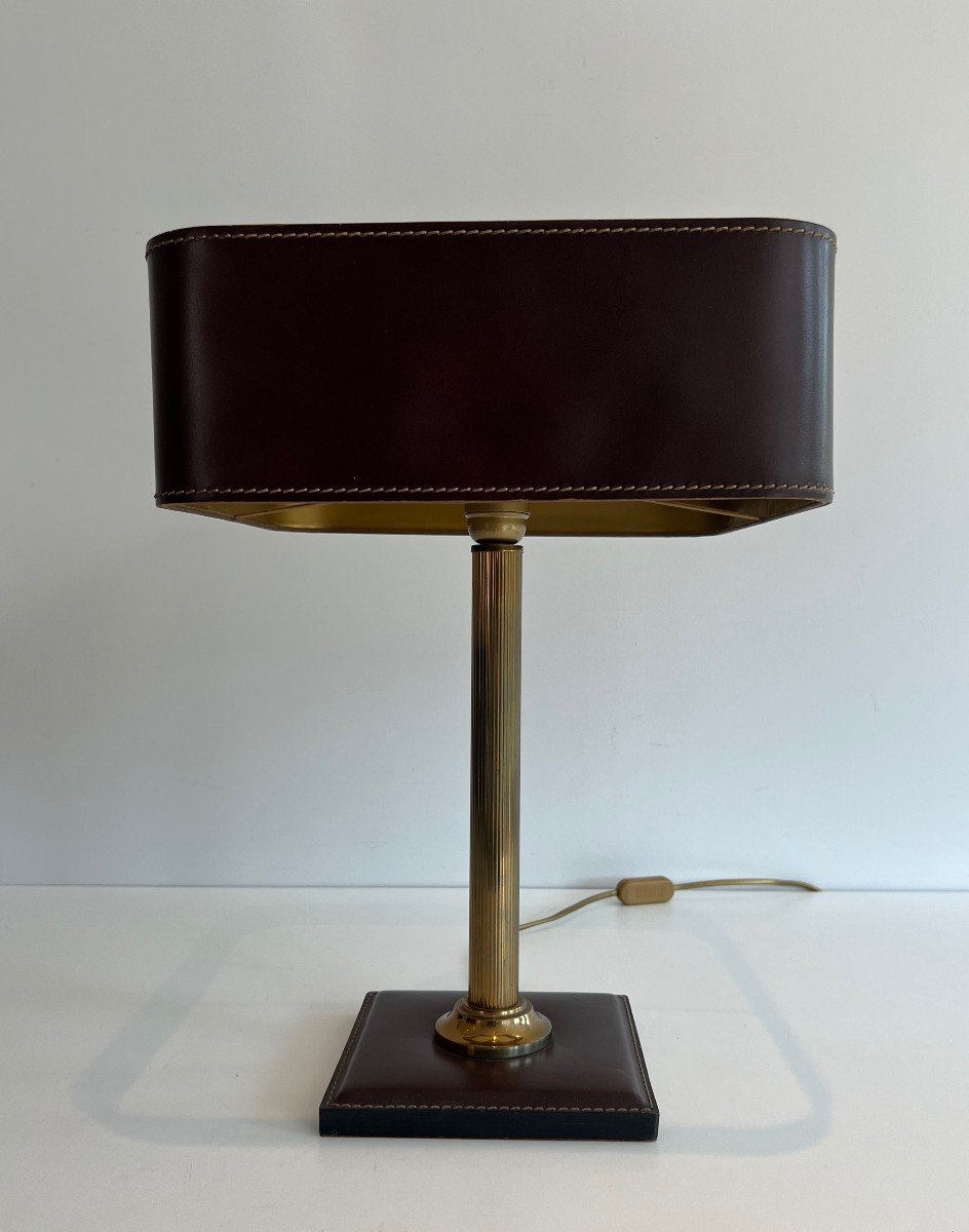 Lampe De Bureau En Cuir Marron Et Laiton. Travail Français Dans Le Goût De Jacques Adnet-photo-4