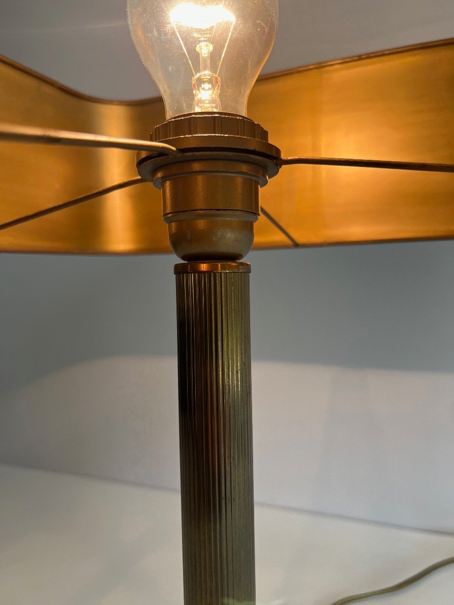 Lampe De Bureau En Cuir Marron Et Laiton. Travail Français Dans Le Goût De Jacques Adnet-photo-2
